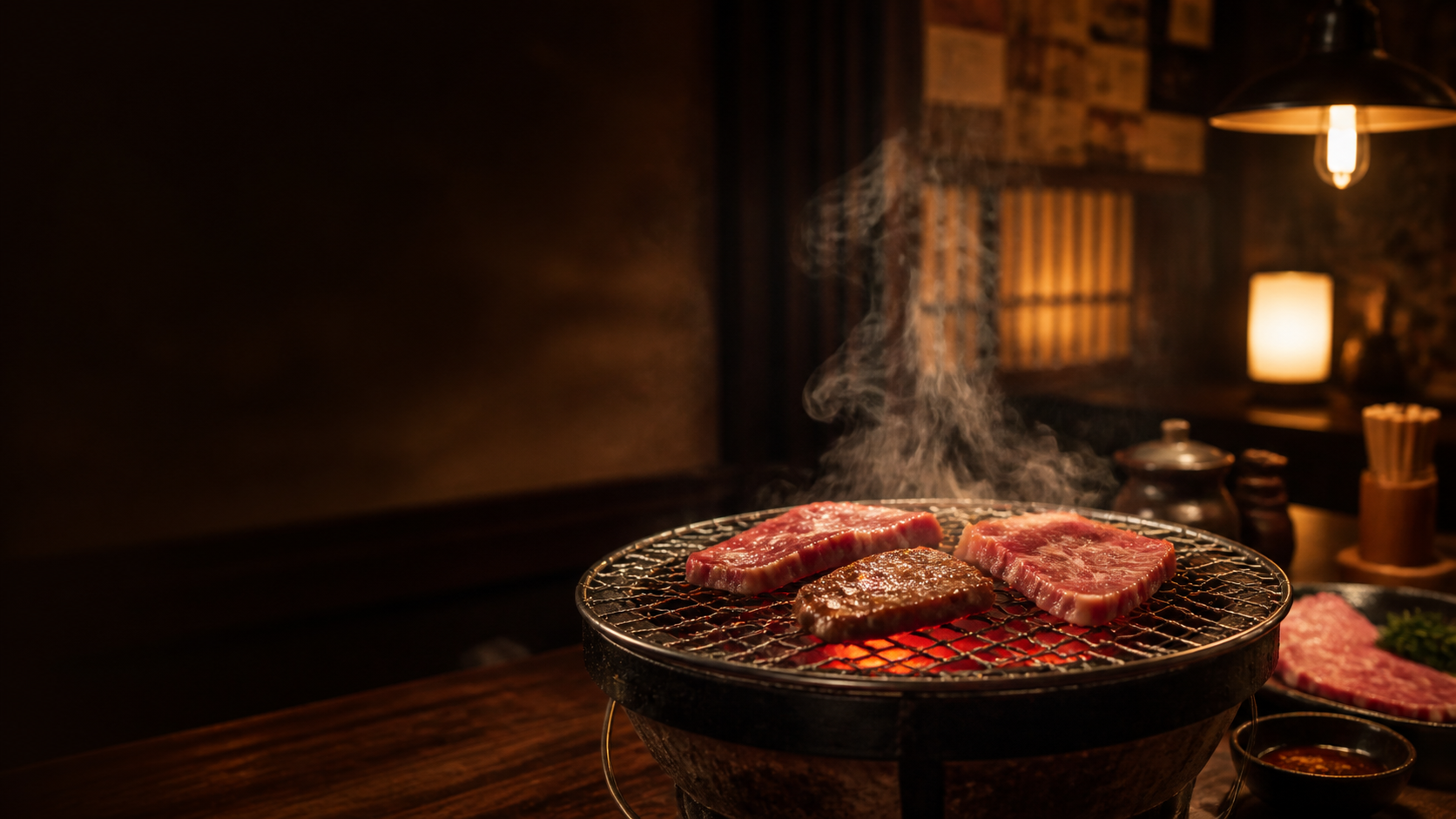 炭火七輪で焼き上げる焼肉モモンジの肉料理